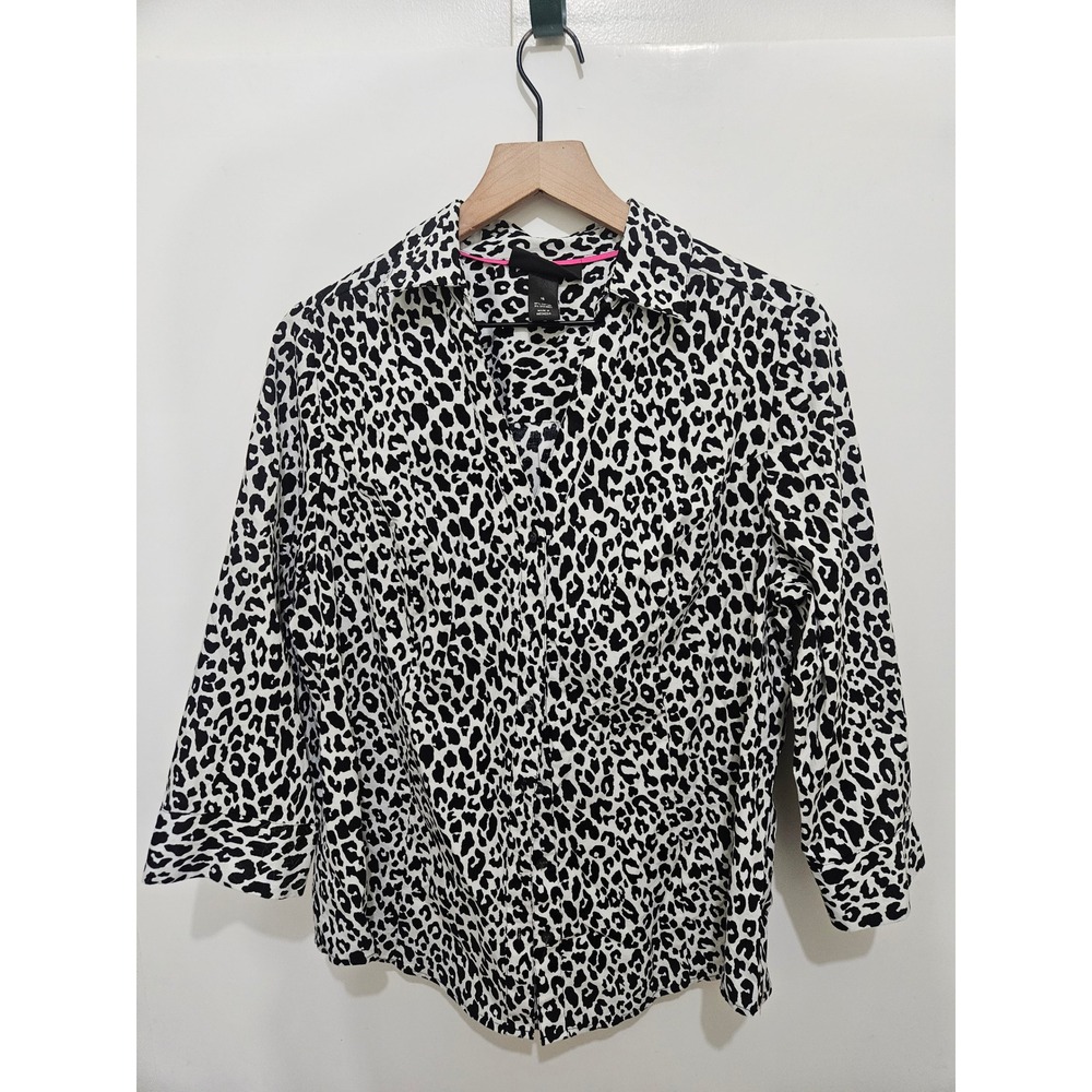 Lane Bryant Women Black White Leopard Animal Print Button Down Shirt 16 3/4 Slee